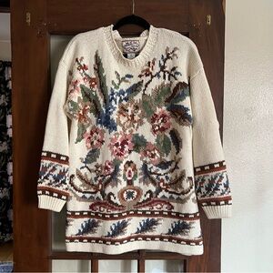 Vintage Floral Knit Sweater - Cream and Brown